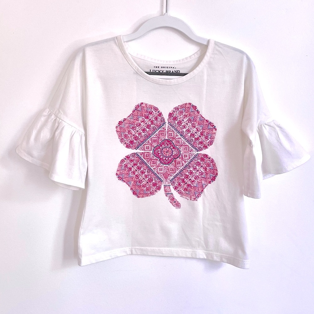 $8 💥NEW Lucky Brand Shamrock Top, Wide Ruffle Cuff, 2/3 Length Sleeve, White